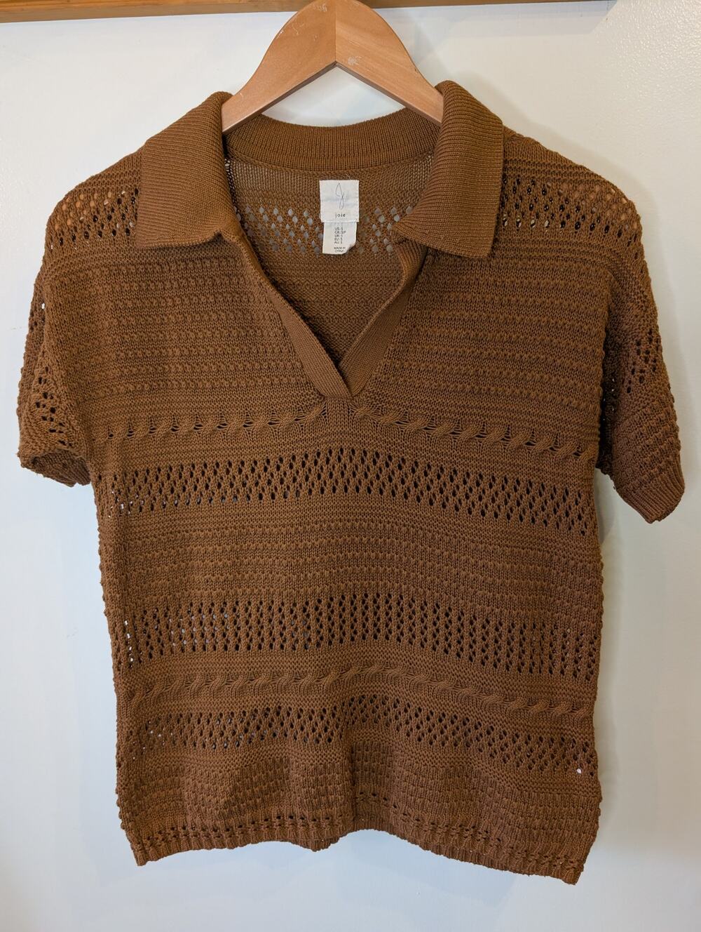 Joie Brown Open Knit Polo Collar Sweater Top Crochet Cable Knit Small S